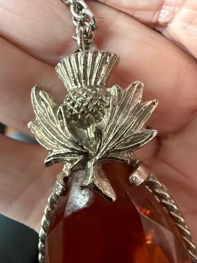 Scottish Silver Thistle Pendant Necklace with Amber colored Teardrop Stone
